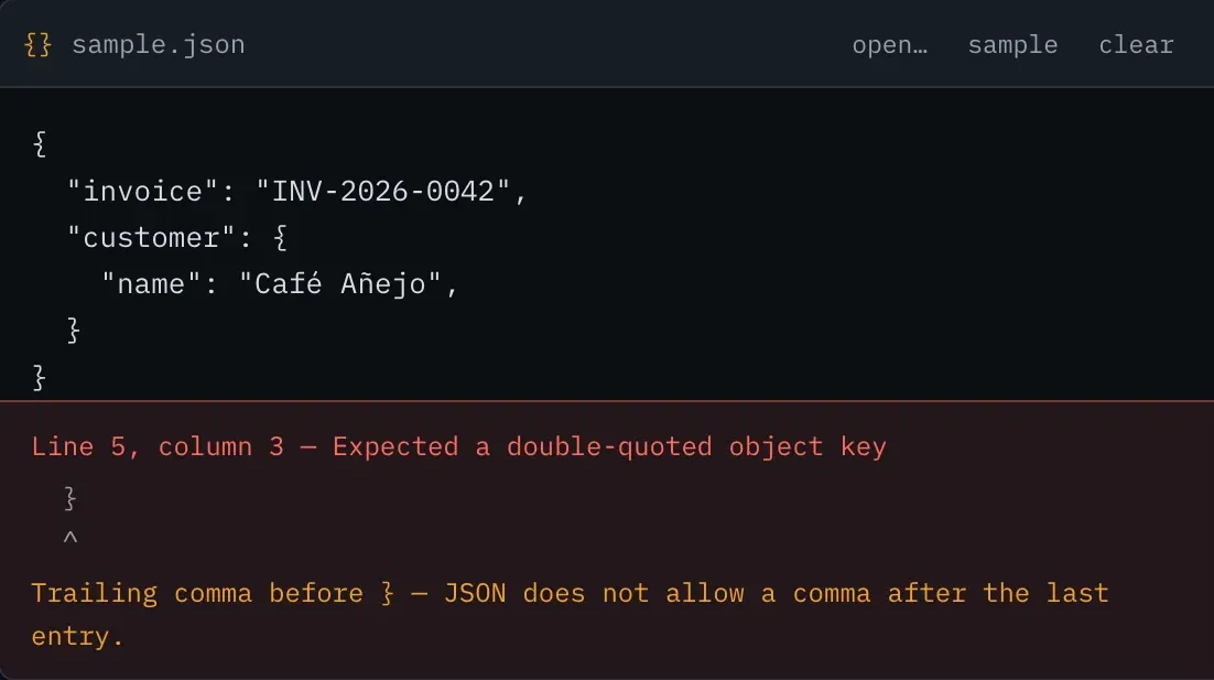 Converting JSON with a syntax error to PDF: the converter points at line 5, column 3 and explains the trailing comma in plain English